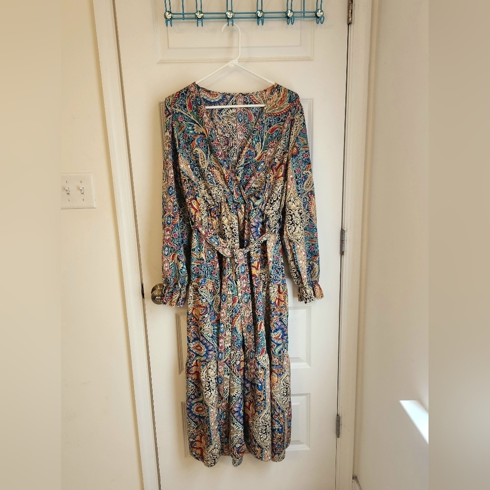 Womens Long Sleeve V Neck Maxi‎ Dress Paisley Multicolor Size XL READ #U835